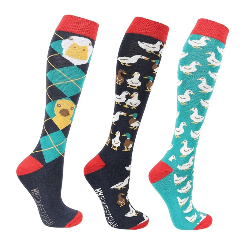 Hy Equestrian Ay Up Duck Socks Pack of 3 - Navy/Red/Fern
