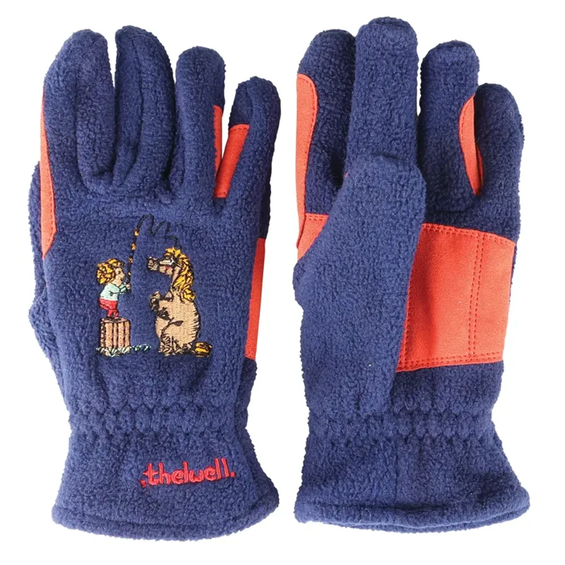 Hy Equestrian Thelwell Collection Practice Makes Perfect Children's Fleece Riding Gloves - Navy/Red