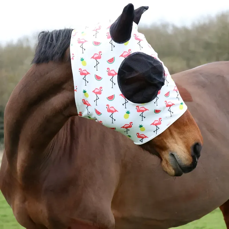 Hy Equestrian Lycra Flamingo Print Fly Mask - White/Pink