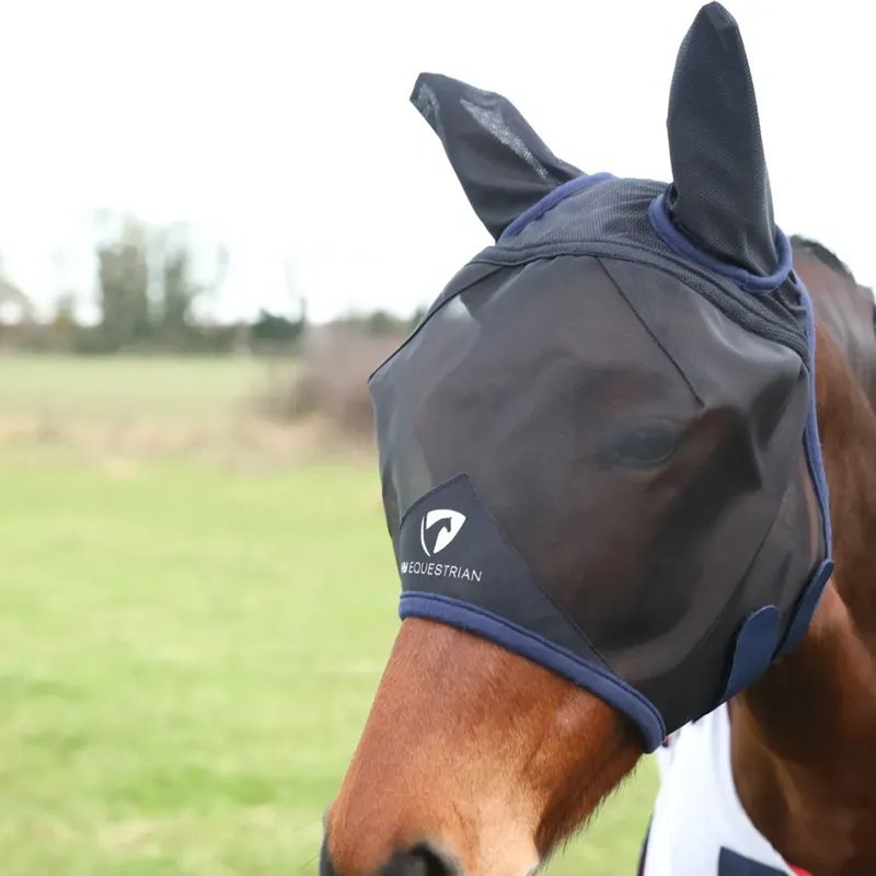 Hy Equestrian Mesh Half Mask With Ears - Black/Navy