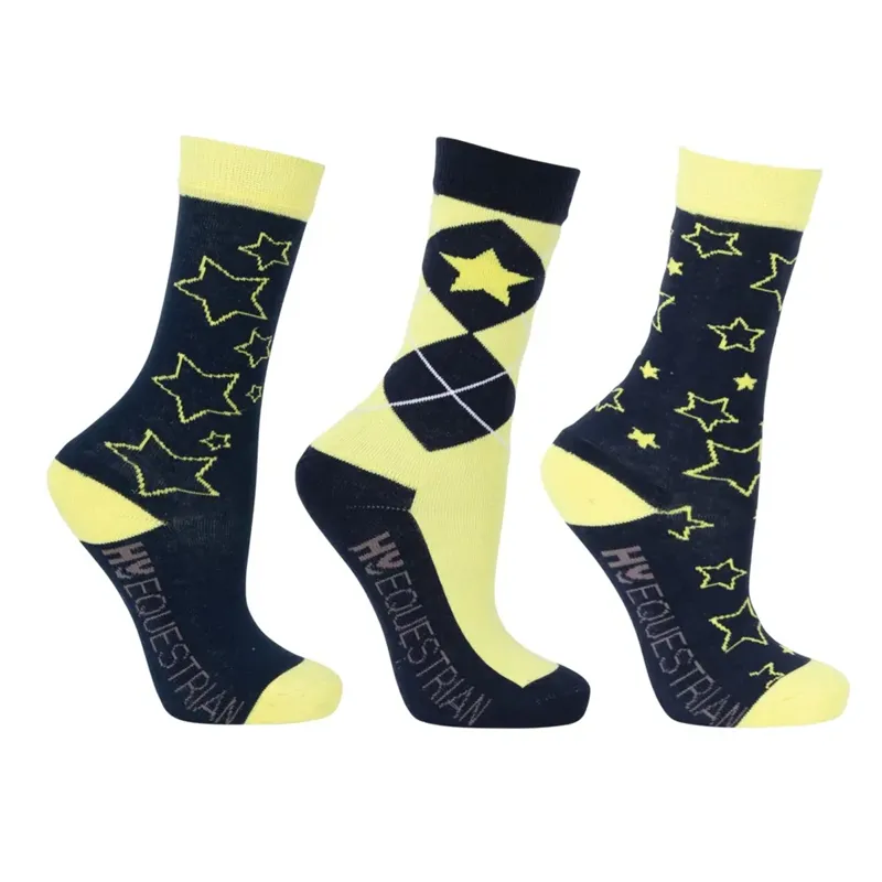 Hy Equestrian Stella Children's Socks 3 Pack - Navy/Yellow