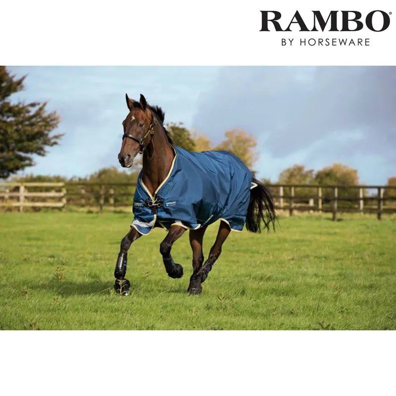 Horseware Rambo Original Lite Turnout with Leg Arches - Denim with Lime and Mustard