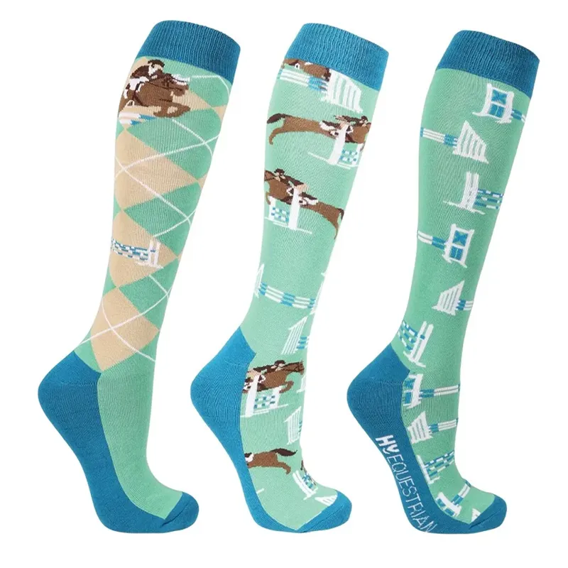 Hy Equestrian Show Jumping Socks Pack of 3 - Emerald/Blue/Beige