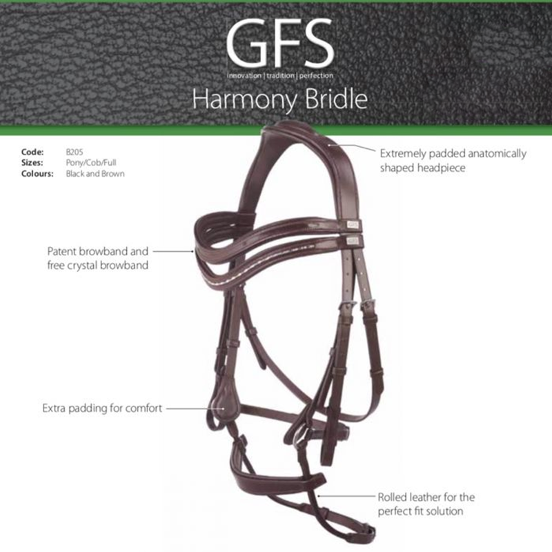 GFS Harmony Bridle with Rubber Reins - Havana-1
