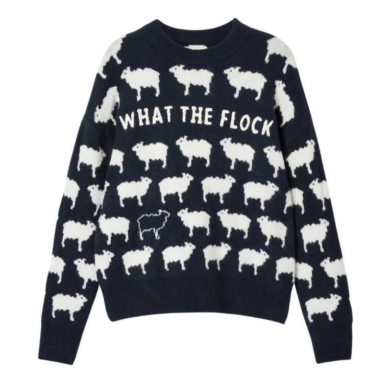 Joules Ladies What The Flock Intarsia Sheep Jumper - Navy
