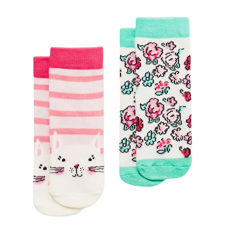 Joules Kids Neat Feet 2 Pack Socks - Floral And Cat 