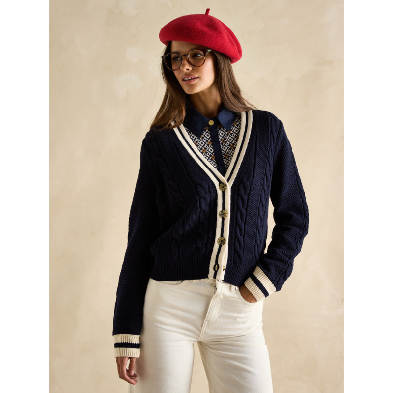 Joules Ladies Centre Court Cable Knit Cardigan - Navy-1