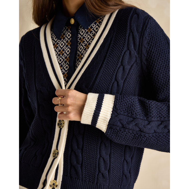 Joules Ladies Centre Court Cable Knit Cardigan - Navy-5