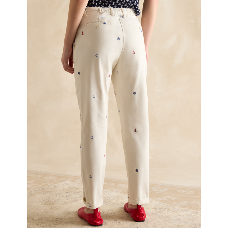 Joules Ladies Embroidered Chino Trouser - Cream Embroidered - UK 14-1