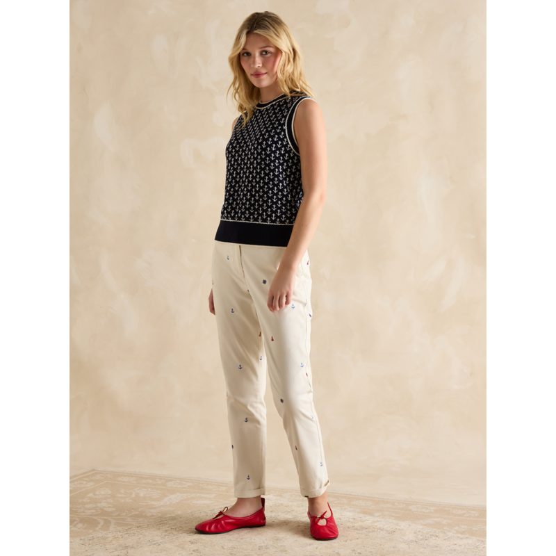 Joules Ladies Embroidered Chino Trouser - Cream Embroidered - UK 14-4