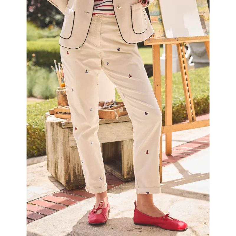 Joules Ladies Embroidered Chino Trouser - Cream Embroidered - UK 14-2