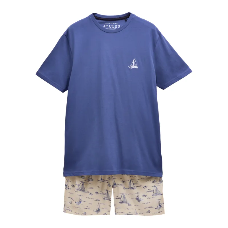 Joules Men's Harford Short Nightwear Set With Packable Travel Bag - Blue