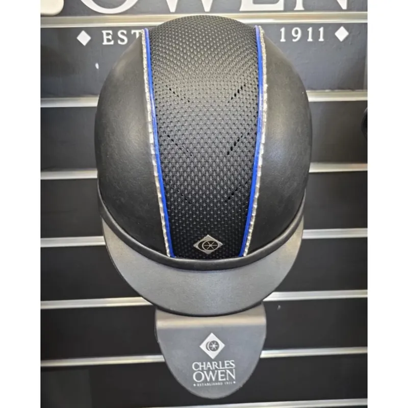 Charles Owen AYR8 + Leather Look Riding Hat with Dual Piping Royal Patent and Swarovski - Black - 56cm Round