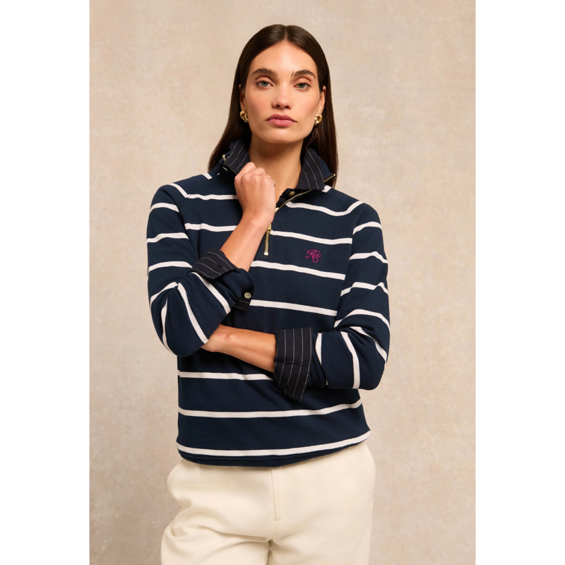 Holland Cooper Kingham Quarter Zip Neck Sweat - Ink Navy Stripe-1