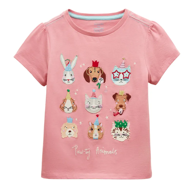 Joules Kids Astra Pawty Faces Print Cotton T-Shirt - Pink