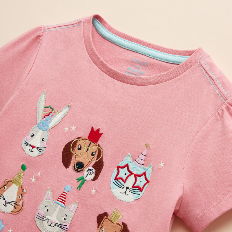 Joules Kids Astra Pawty Faces Print Cotton T-Shirt - Pink-4