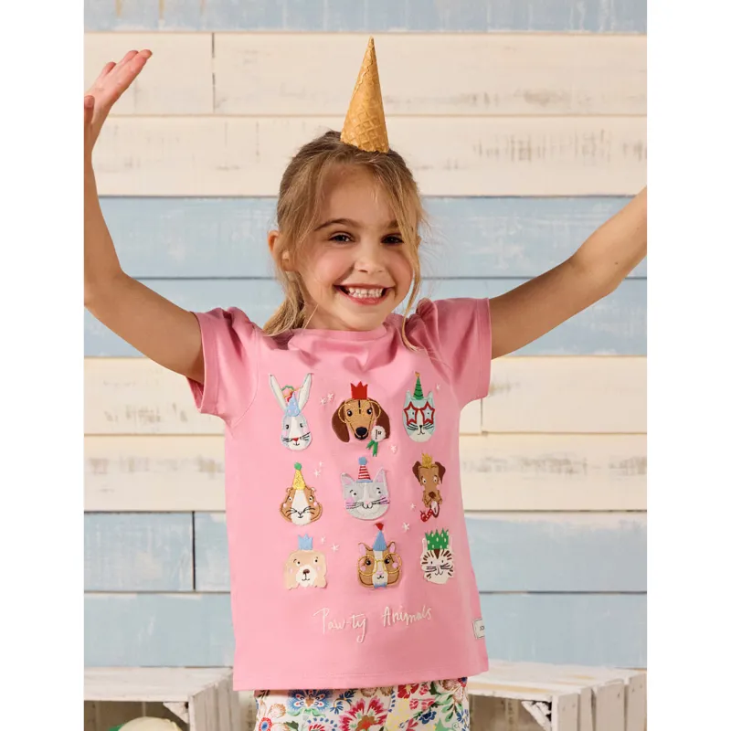 Joules Kids Astra Pawty Faces Print Cotton T-Shirt - Pink-5