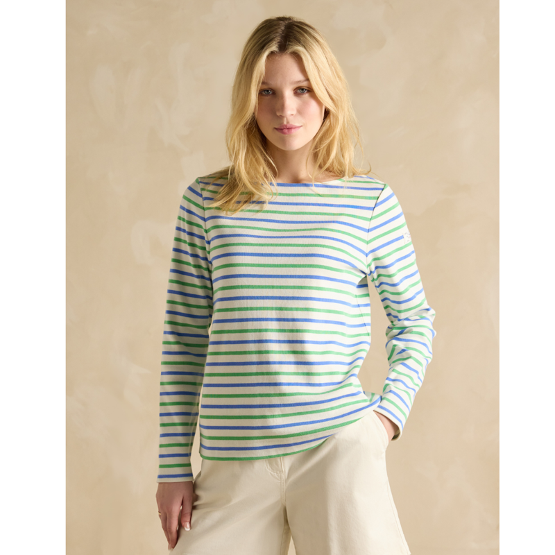 Joules Ladies Harbour Boat Neck Breton Top - Green Blue Stripe-1