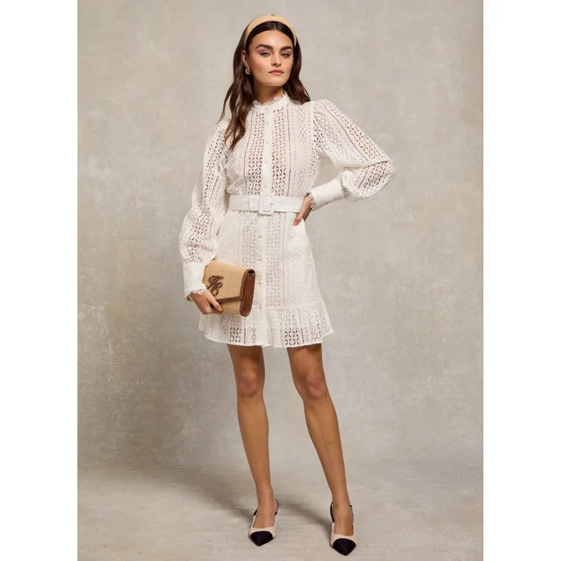 Holland Cooper Collarless Broderie Mini Dress - White-1
