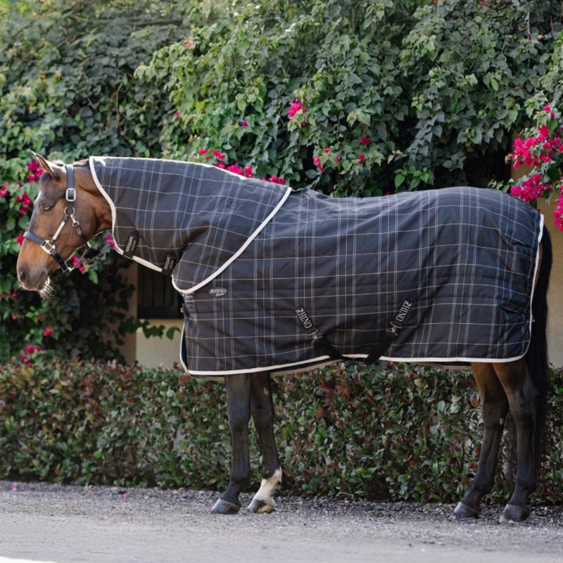 Horseware Rhino 200g Stable Hood - Black/Grey White Check Grey-1