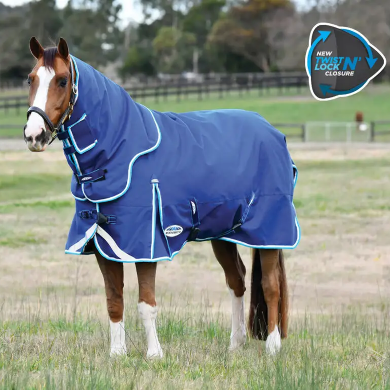 WeatherBeeta ComFiTec Ultra Hardi Detach-A-Neck Medium/Lite Turnout Rug - Blue/Bright Blue/White