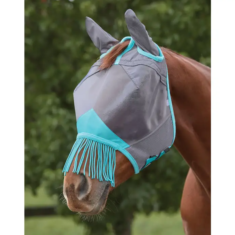 Weatherbeeta ComFiTec Deluxe Fine Mesh Mask With Ears And Tassels - Grey/Turquoise