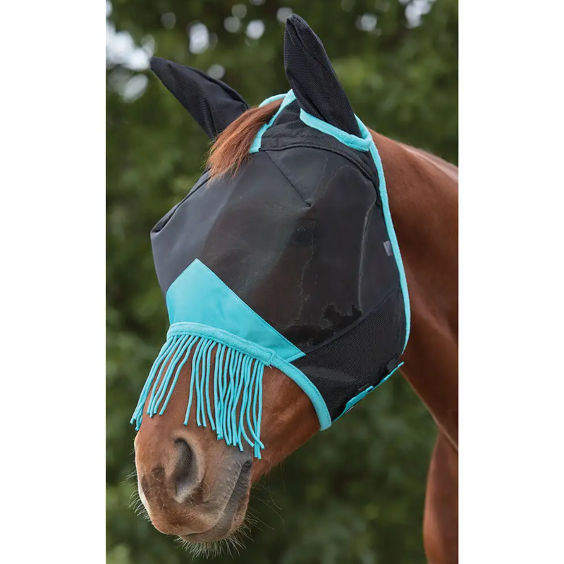 Weatherbeeta ComFiTec Deluxe Fine Mesh Mask With Ears And Tassels - Black/Turquoise