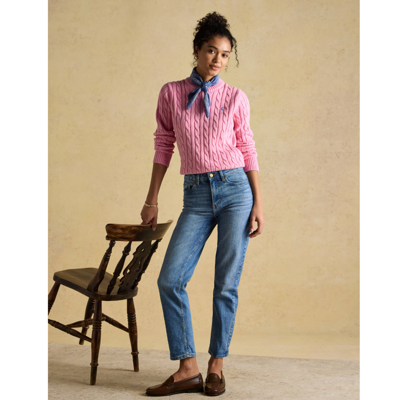 Joules Ladies Classic Cable Cotton Crew Neck Jumper - Pink -8