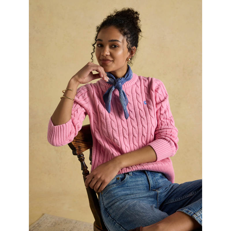 Joules Ladies Classic Cable Cotton Crew Neck Jumper - Pink -5
