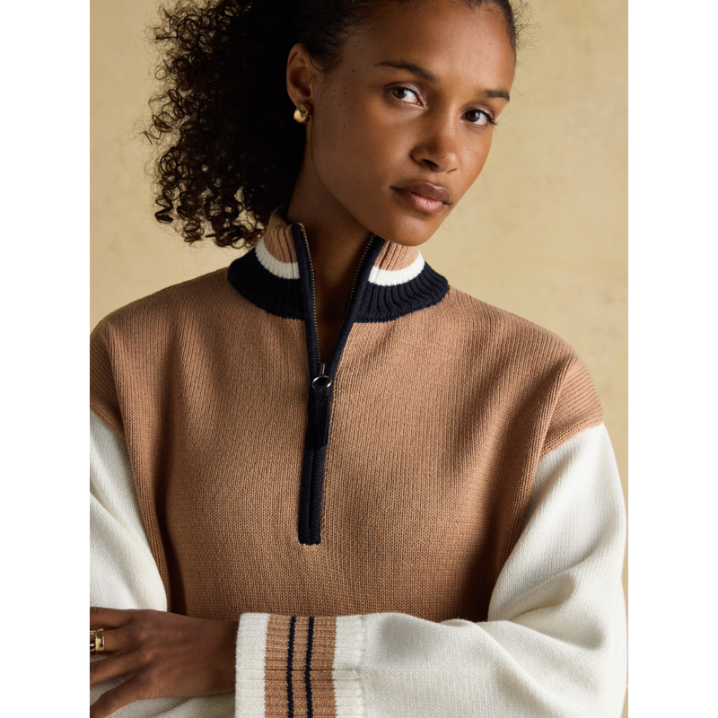 Joules Ladies Varsity Colourblock Quarter Zip Cotton Jumper - Tan Brown-6