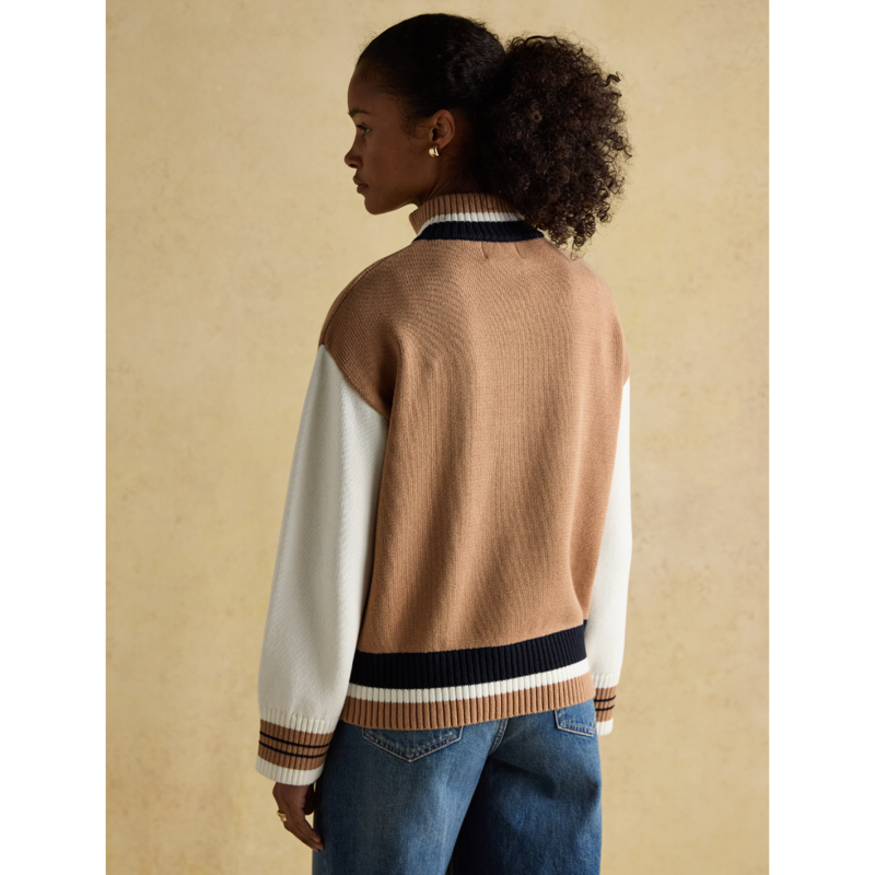 Joules Ladies Varsity Colourblock Quarter Zip Cotton Jumper - Tan Brown-2