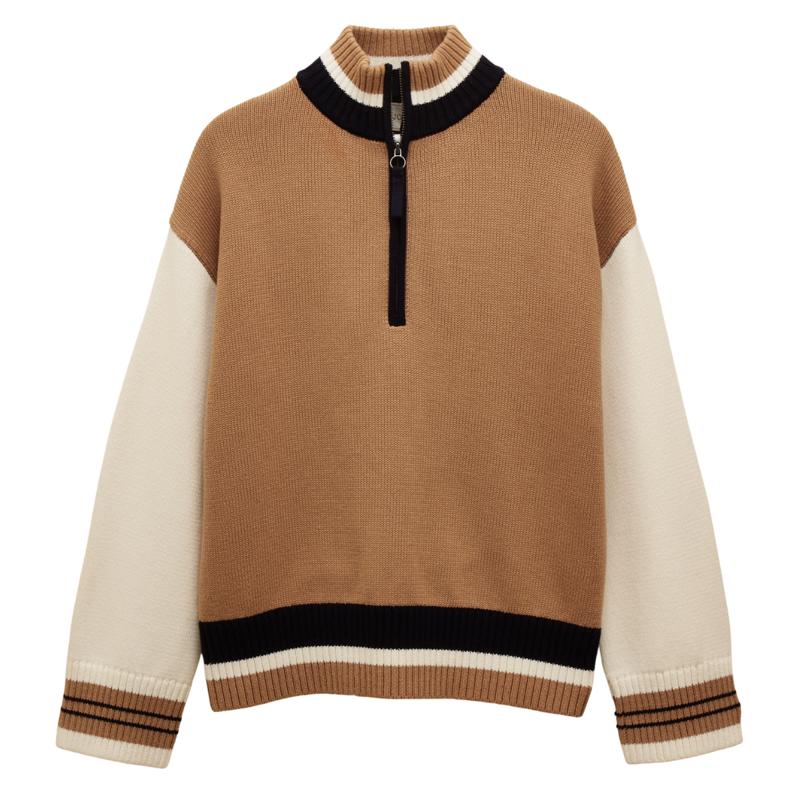Joules Ladies Varsity Colourblock Quarter Zip Cotton Jumper - Tan Brown
