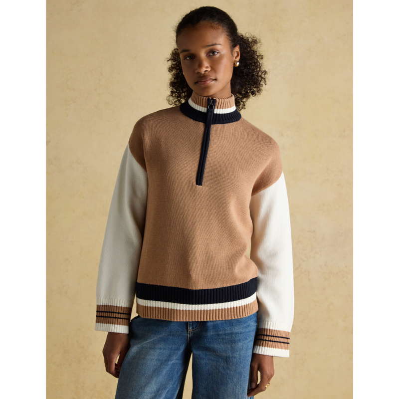 Joules Ladies Varsity Colourblock Quarter Zip Cotton Jumper - Tan Brown-1