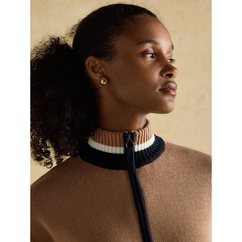 Joules Ladies Varsity Colourblock Quarter Zip Cotton Jumper - Tan Brown-5