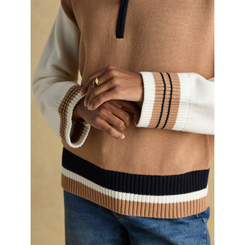 Joules Ladies Varsity Colourblock Quarter Zip Cotton Jumper - Tan Brown-4