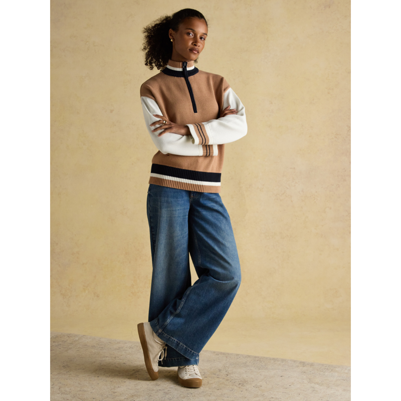 Joules Ladies Varsity Colourblock Quarter Zip Cotton Jumper - Tan Brown-3