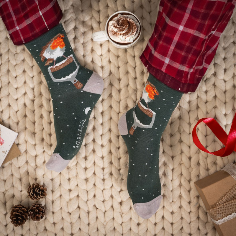 Wrendale Designs 'A Little Red Robin' Robin Men's Christmas Socks-1