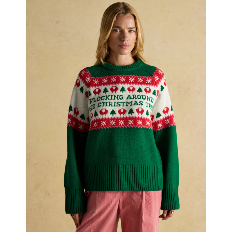 Joules Ladies Flocking Around Knit Christmas Jumper - Green-1