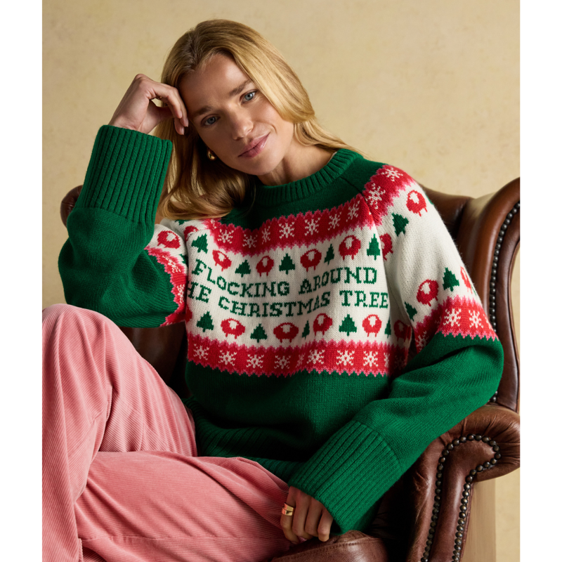 Joules Ladies Flocking Around Knit Christmas Jumper - Green-6