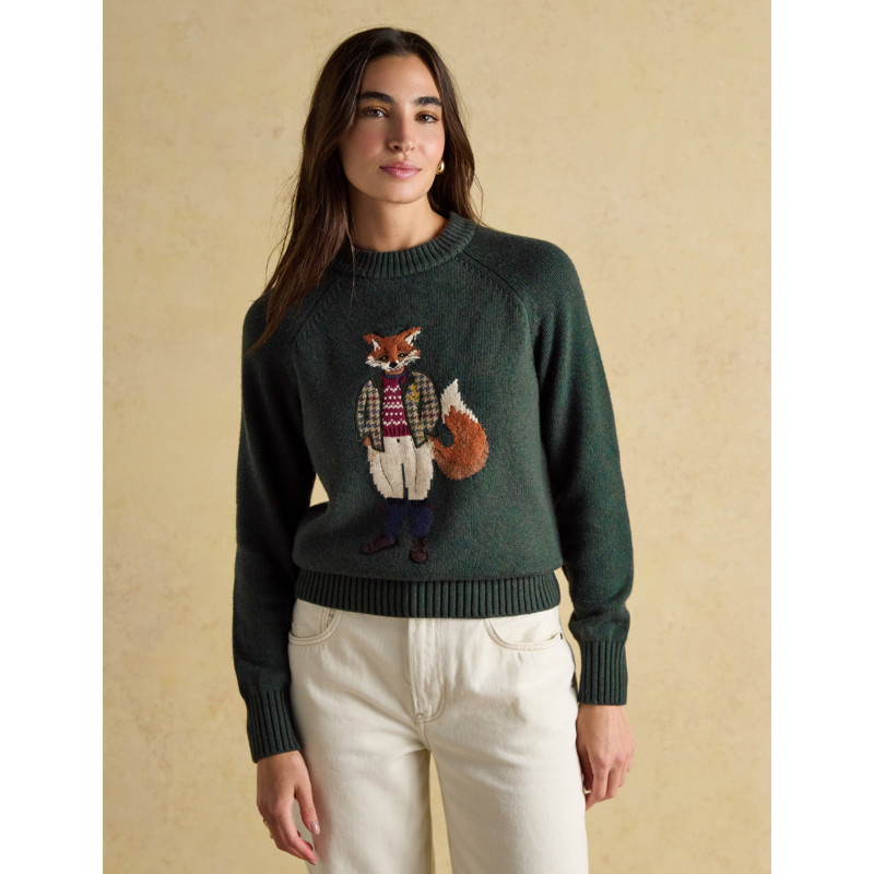 Joules Ladies Jonty Intarsia Cotton-Rich Crew Neck Jumper - Green-1