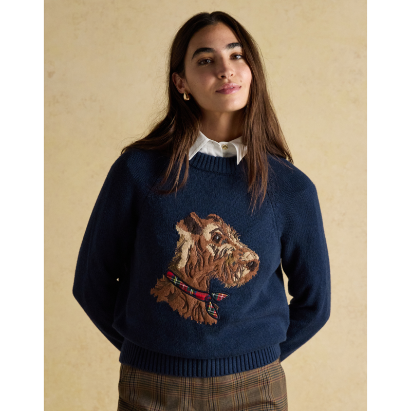 Joules Ladies Intarsia Monty Dog Cotton Blend Regular Fit Jumper - Navy-1