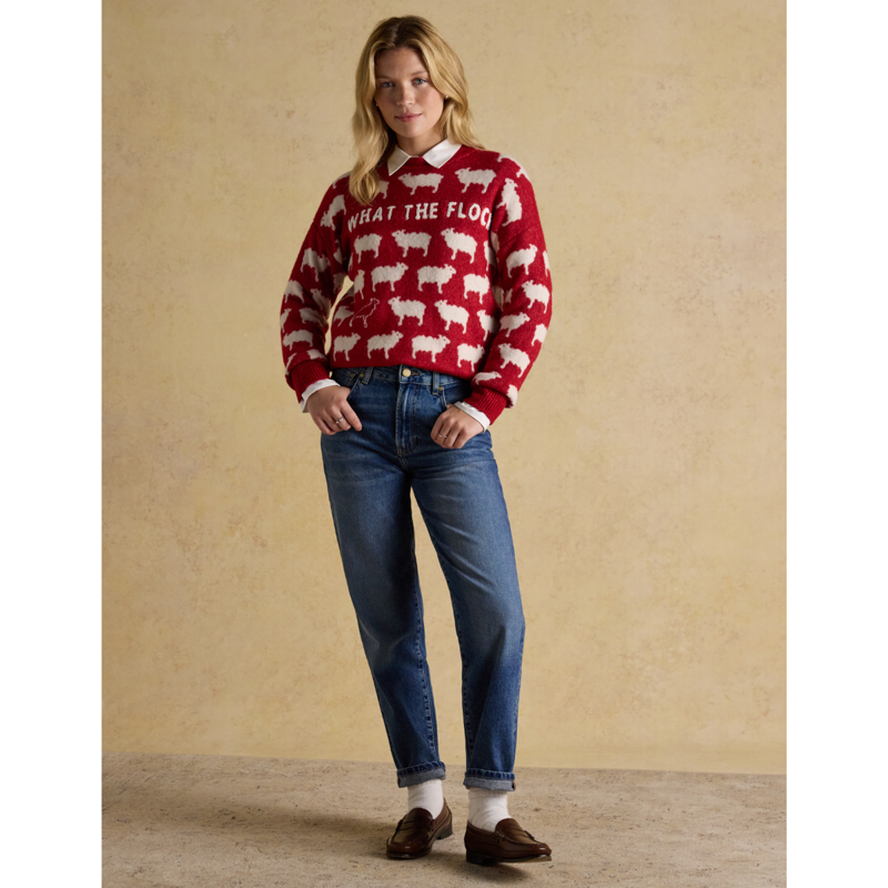 Joules Ladies Intarsia Knitted What The Flock Relaxed Fit Jumper - Red-5