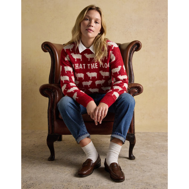Joules Ladies Intarsia Knitted What The Flock Relaxed Fit Jumper - Red-4