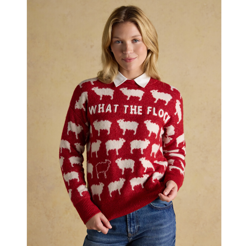 Joules Ladies Intarsia Knitted What The Flock Relaxed Fit Jumper - Red-1