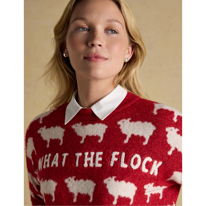 Joules Ladies Intarsia Knitted What The Flock Relaxed Fit Jumper - Red-3
