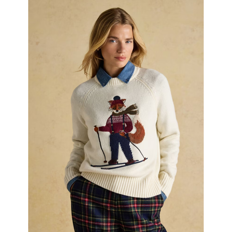 Joules Ladies Jonty Skiing Intarsia Cotton-Rich Crew Neck Jumper - Oatmeal-4