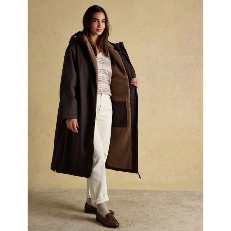 Joules Ladies Coverall Oversized Fleece Lined Waterproof Coat - Chocolate-3