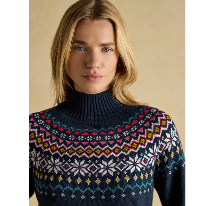 Joules Ladies Alba Fairisle High Neck Cotton-Blend Jumper - Navy-4