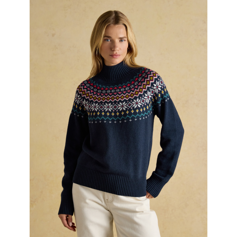 Joules Ladies Alba Fairisle High Neck Cotton-Blend Jumper - Navy-1