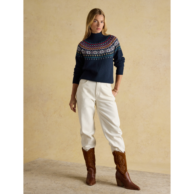 Joules Ladies Alba Fairisle High Neck Cotton-Blend Jumper - Navy-3